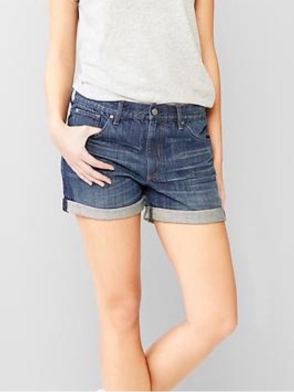 Gap 1969 Sexy Boyfriend Dark Denim Mid Rise 5”Shorts Stretch Cuffs Fleut Wash 25 - Picture 13 of 13